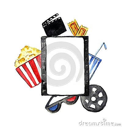 Watercolor sketchy cinema attributes illustration. Cartoon Illustration