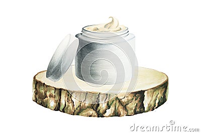 Watercolor skincare illustration on a wooden saw cut isolated on white background. Face cream in a jar. Isolated on Cartoon Illustration