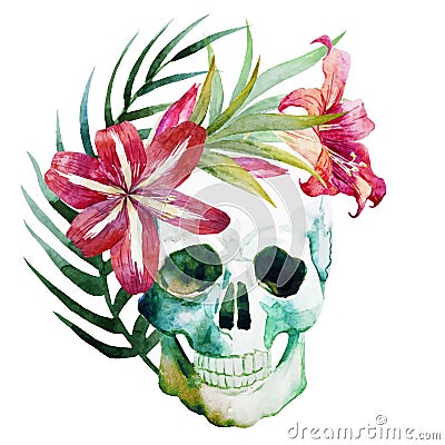 Watercolor skull with flowers Vector Illustration