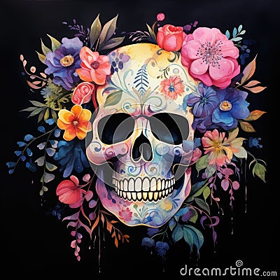 watercolor skull with flowers on black background. Stock Photo