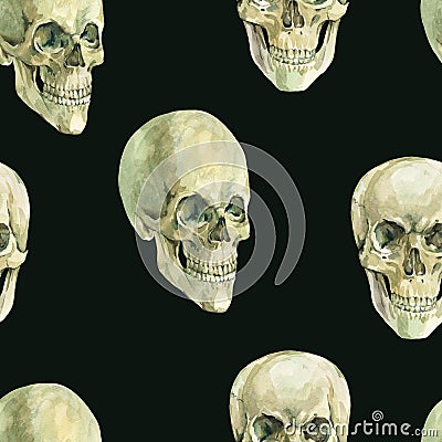 Watercolor skull seamless pattern, creepy skull texture on black Stock Photo