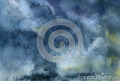 Watercolor sky with clouds background. Hand painted artistic blue sky with realistic clouds and swarms. Stock Photo