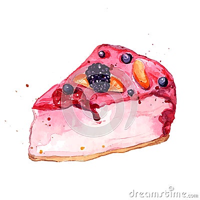 Watercolor slice of cake with pink fruit jelly qiwi and strawberry. Vector Illustration