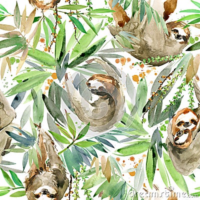 Watercolor sloth and tropical plant seamless pattern. tropical animal Cartoon Illustration