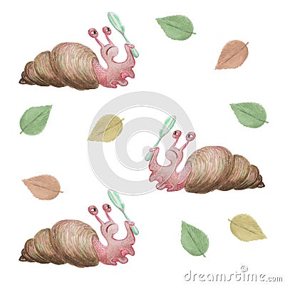 Watercolor snail snail holds a magnifying glass. Funny comic character isolated on white background. Stock Photo