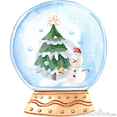 Watercolor snow globe. Christmas tree, snowman,falling snow. Winter illustration for card. Cartoon Illustration