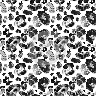 Watercolor snow leopard or cheetah seamless pattern. Monochrome wild animal coat print with black and grey spots on white Cartoon Illustration