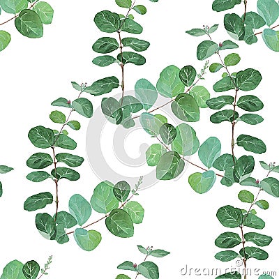 Watercolor snowberry branch with green leaves seamless pattern Stock Photo