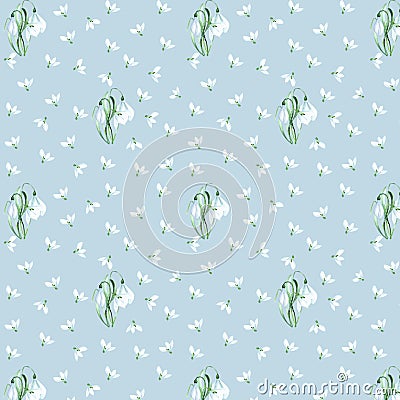 Snowdrop flower pattern. Watercolor seamless pattern for your design on blue background Stock Photo