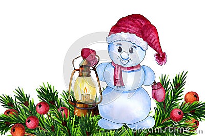 Watercolor snowman with burning lantern Cartoon Illustration