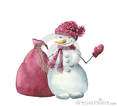 Watercolor snowman with christmas gift bag. Hand painted winter illustration isolated on white background. For design Cartoon Illustration