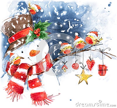 Watercolor snowman and cute bird. Stock Photo