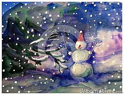 Watercolor snowman in winter christmas forest Cartoon Illustration
