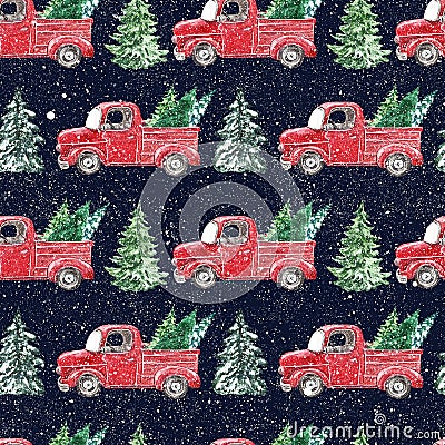 Watercolor snowy red truck with pine trees seamless pattern. Winter Christmas night with falling snow and vintage car Cartoon Illustration