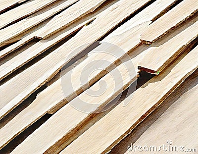 Watercolor of Solid wood deck board stack for construction and finishing works in the construction Building materials Stock Photo