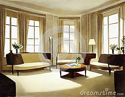 Watercolor of Sophisticated classic living room boasting AI Stock Photo