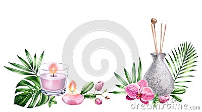 Watercolor SPA background. Refresher with orchid flowers, tropical leaves, aroma candles. Horizontal banner with place Cartoon Illustration