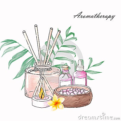 Watercolor spa collection. Poster of bottle, jar, candle and salt. Aromatherapy Cartoon Illustration