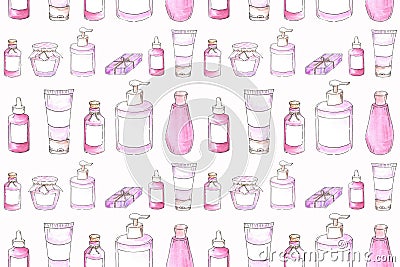 Seamless pattern of bottle, jar, soap and salt Cartoon Illustration