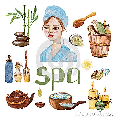 Watercolor SPA illustration handmade. Design for cosmetics shop. Cartoon Illustration