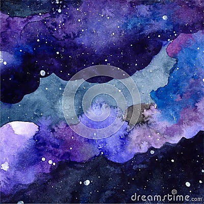 Watercolor space texture with glowing stars. Night starry sky with paint strokes and swashes. Vector illustration. Vector Illustration