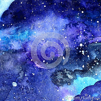 Watercolor space texture with glowing stars. Night starry sky with paint strokes and swashes. Vector illustration. Vector Illustration