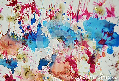 Watercolor blue violet white gray orange golden spots. Colorful shapes and forms Stock Photo