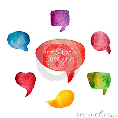 Watercolor speech bubbles set. Colorful watercolor textures with brush strokes. Bright bubbles isolated on white background. Hand Vector Illustration