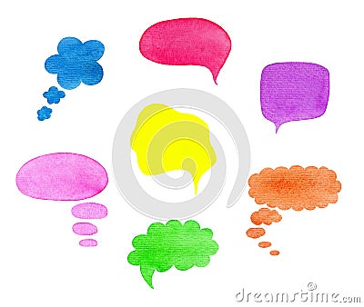 Watercolor speech, dialog, thought clouds, bubbles and other shas Stock Photo