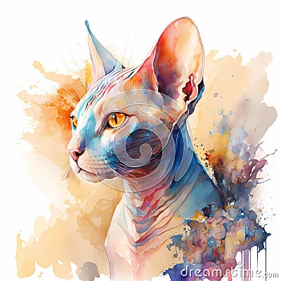Watercolor sphinx cat portrait, colorful painting. Realistic pet, animal illustration. Created with Generative AI technology Cartoon Illustration