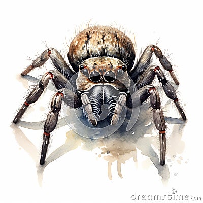 Watercolor Spider Drawing On White Background Cartoon Illustration