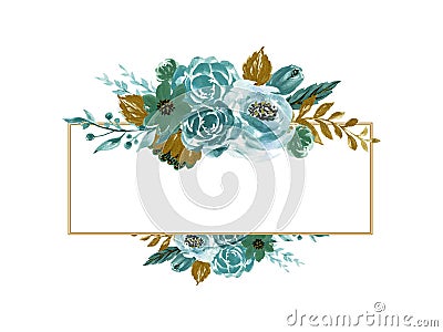 Watercolor splash elegant vintage garden botanical blue green gold flower border hand painted Stock Photo