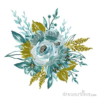 Watercolor splash elegant vintage garden botanical blue green gold flower bouquet hand Stock Photo