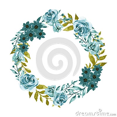 Watercolor splash elegant vintage garden botanical blue green gold flower wreath hand painte Stock Photo