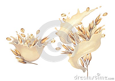 Watercolor splashes of plant based milk with oats and cereals. Stock Photo