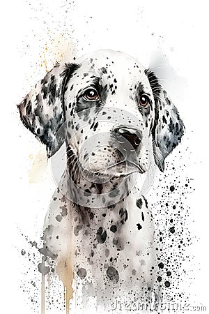 Watercolor Splatter Portrait Painting of Dalmatian Vertical Stock Photo