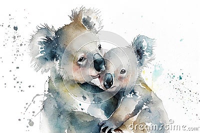 Watercolor Splatter Portrait Painting of Koala Mother with Baby Stock Photo