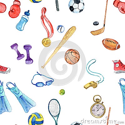 Watercolor sport doodle seamless pattern Stock Photo