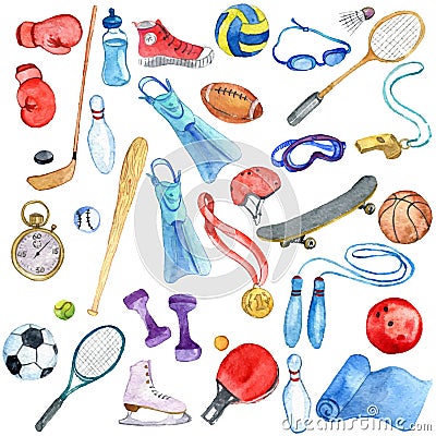 Watercolor sport doodle set Vector Illustration