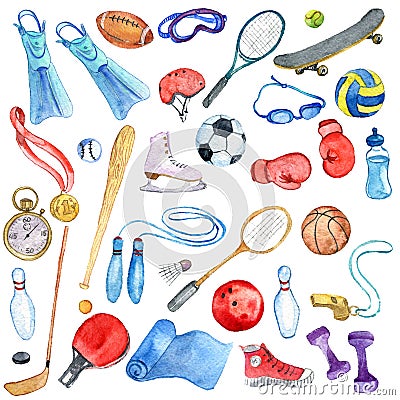 Watercolor sport doodle set Stock Photo