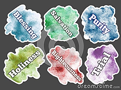 Watercolor spot. Set of colors texture blots - Collection stickers with words - blessing, salvation, holiness, purity, trial, rig Stock Photo