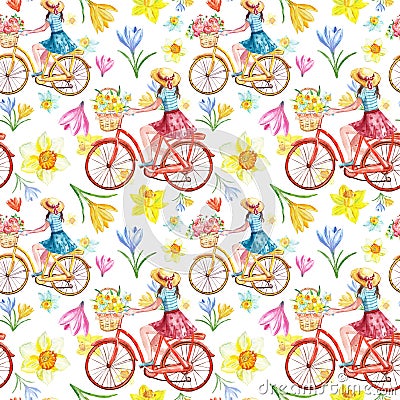 Watercolor spring bike ride seamless pattern with pink, yellow and blue flowers on white background. Cute girl in skirt on bike Stock Photo