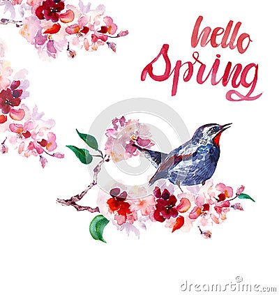 Watercolor spring bird on sakura tree branch. Hand painted cherry blossom, isolated. Stock Photo