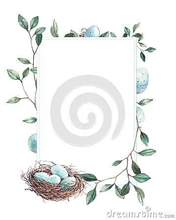 Watercolor spring branches and nest frame Stock Photo