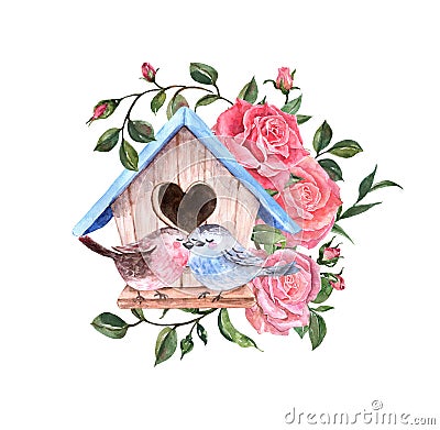 Watercolor spring cute birds illustration. Valentines day card with hand painted birds, bird house and pink roses Cartoon Illustration