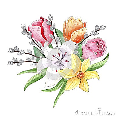 Watercolor Spring Easter Flowers Bouquet isolated on white background. Stock Photo