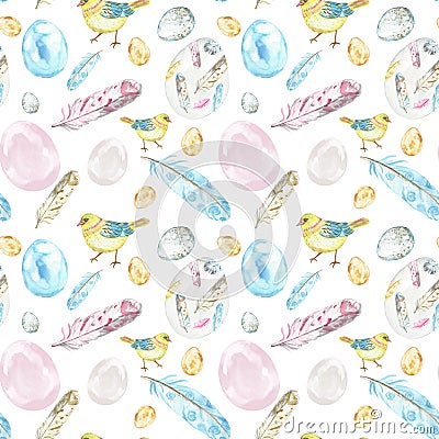 Watercolor Spring Easter seamless pattern on white background with chicks birds, eggs, feathers Cartoon Illustration