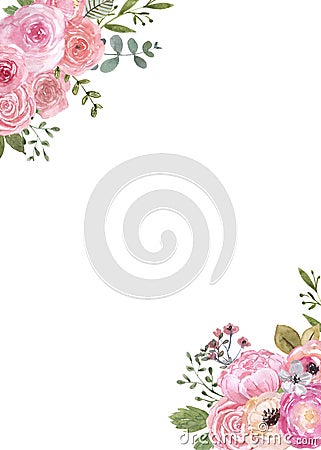 Watercolor spring floral border. Hand painted pink flowers and greenery, leaves on white background. Holiday frame Cartoon Illustration