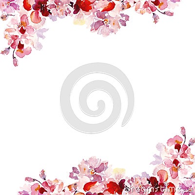 Watercolor Spring floral borders set with hand painted pink sakura flowers on white background. Cartoon Illustration