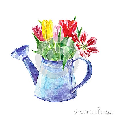 Watercolor spring floral bouquet in a vintage pot. Set of hand painted tulip flowers in a rustic watering can, isolated Stock Photo